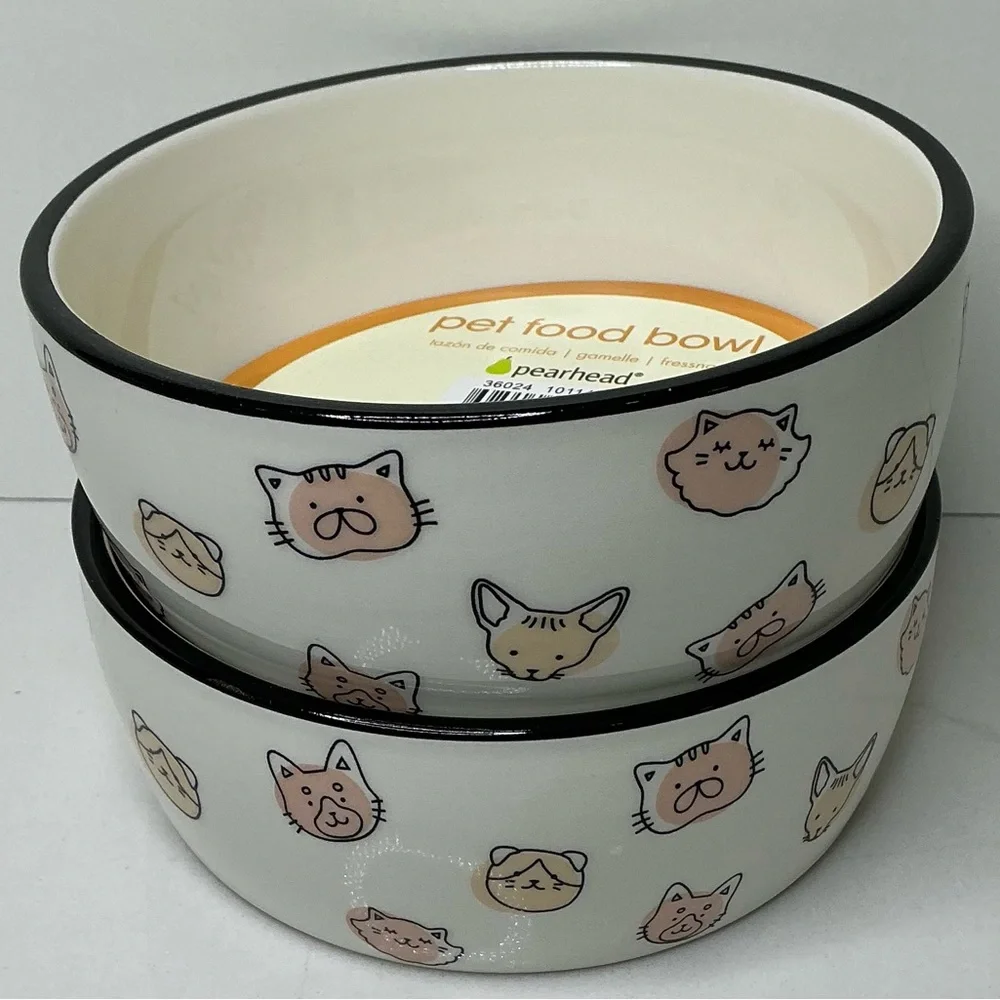 2 Cat Faces Pet Bowl Cat Water and Food Dish Pet Owner Cat Accessory Ceramic New